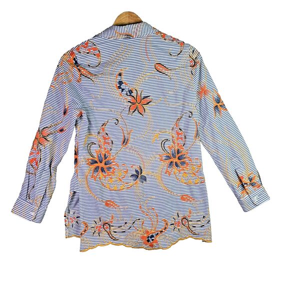 Peck & Peck Embroidered Striped Floral Shirt Small Cotton Boho Scallop Hem Blue - Picture 2 of 16
